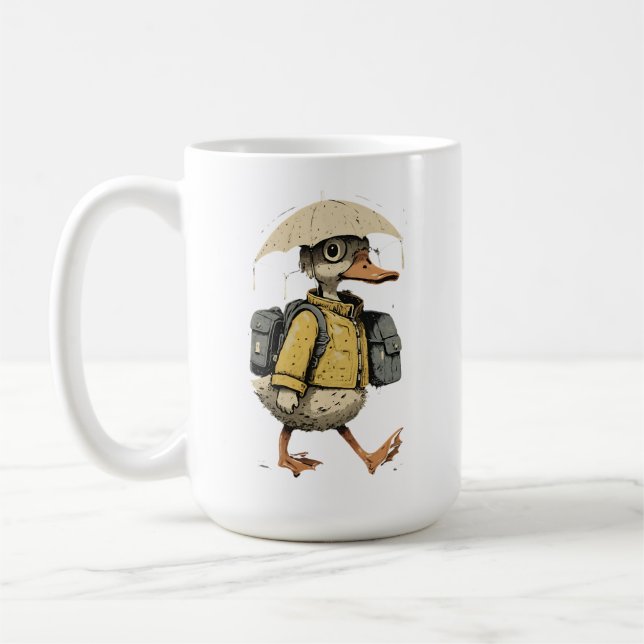 Whimsical Duck Walking in Rain Art Kaffemugg (Vänster)