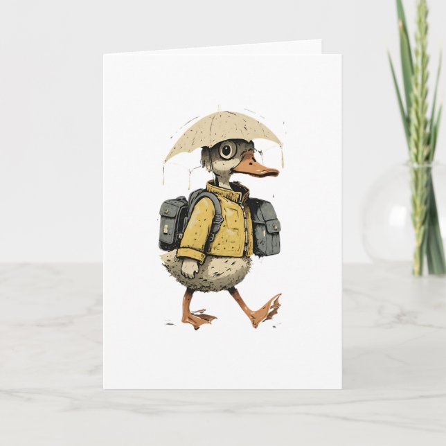 Whimsical Duck Walking in Rain Art Kort (Framsida)