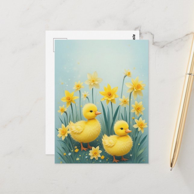 Whimsical Duckling Duo med Daffodils Vykort (Fram/Back In Situ)