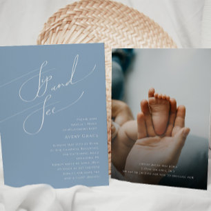 Whimsical Dusty Blue   Baby Sip och Se foto Inbjudningar