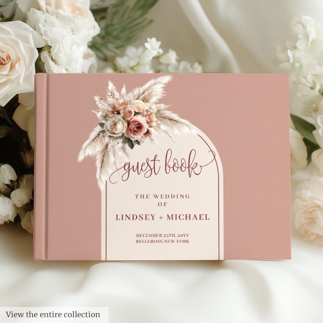 Whimsical Dusty Rosa Pampas Blommigt Boho Bröllop Gästböcker (Whimsical Dusty Pink Pampas Floral Boho Wedding Guest Book)
