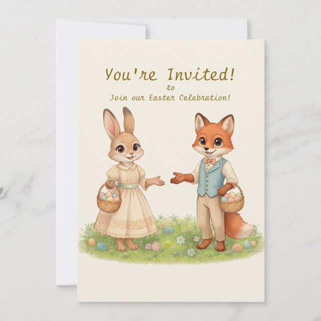 Whimsical Easter Bunny & Fox Party Invitation Inbjudningar (Framsida)