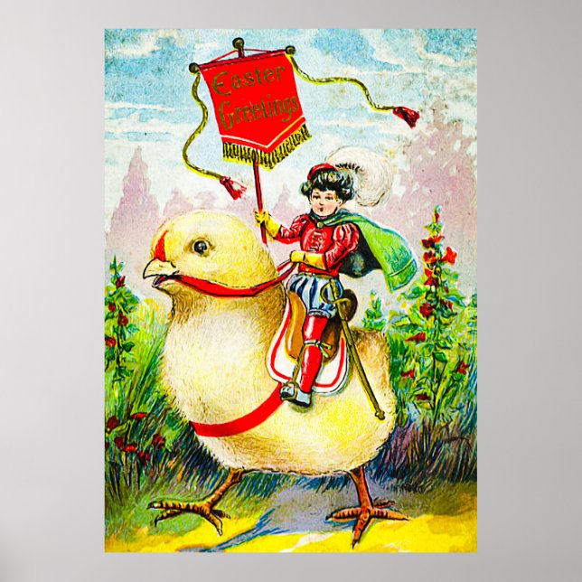 Whimsical Easter Greetings: Rider on Giant Chick Poster (Framsidan)