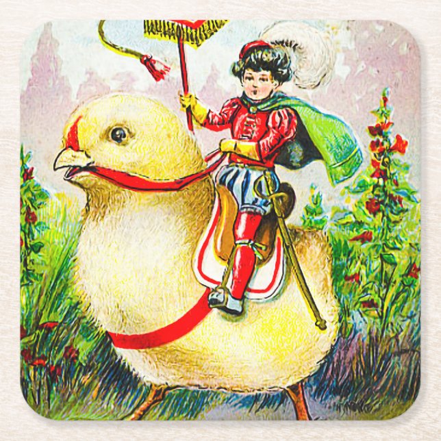 Whimsical Easter Greetings: Rider on Giant Chick Underlägg Papper Kvadrat (Framsidan)