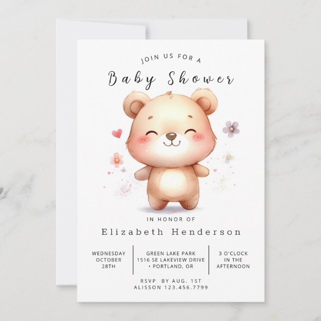 Whimsical Editable Bear Baby Shower Inbjudningar (Framsida)