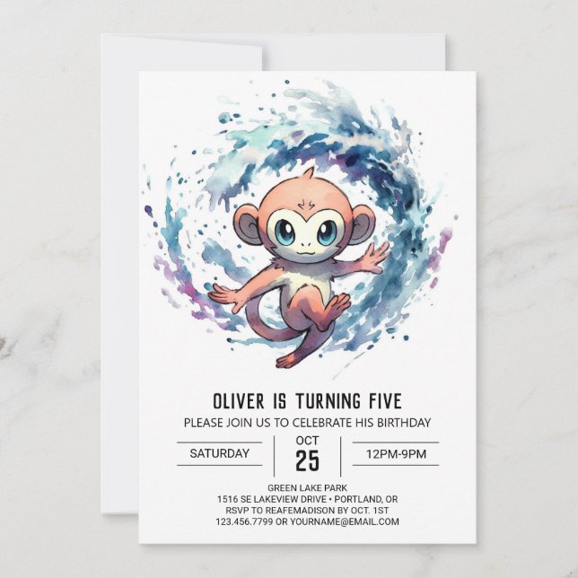 Whimsical Editable Monkey Birthday Inbjudningar (Framsida)