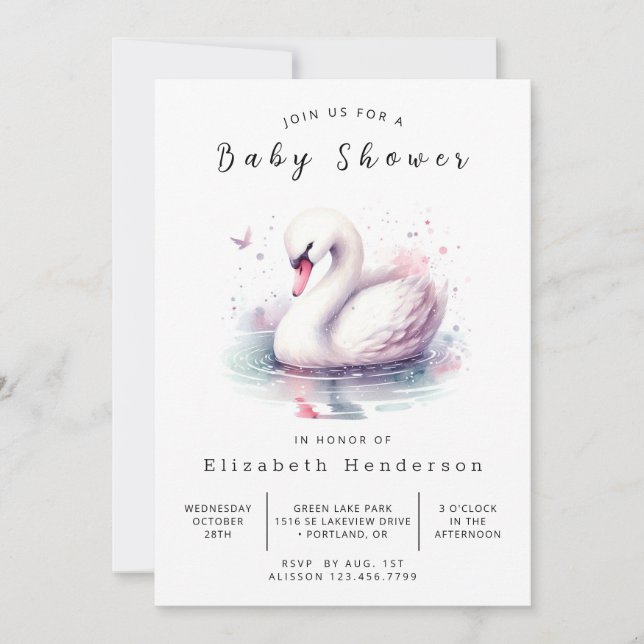 Whimsical Editable Svan Baby Shower Inbjudningar (Framsida)