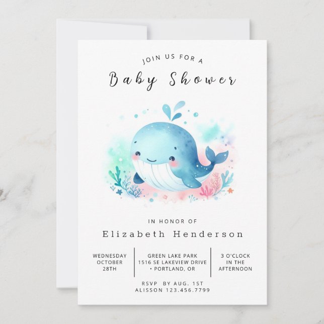 Whimsical Editable Whale Baby Shower Inbjudningar (Framsida)
