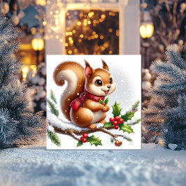 Whimsical ekorre med jullyrka och röd halsduk julkort