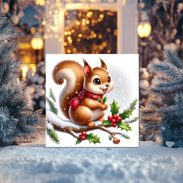 Whimsical ekorre med jullyrka och röd halsduk julkort (Skapare uppladdad)