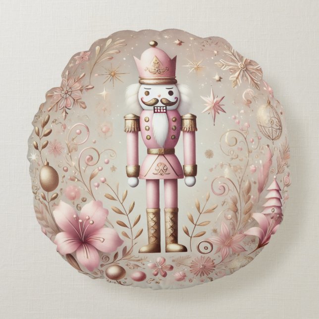 Whimsical Elegant Rosa och Guld Pastell Nötknäppar Rund Kudde (Framsidan)