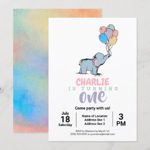 Whimsical Elephant and Balloons Birthday Inbjudan