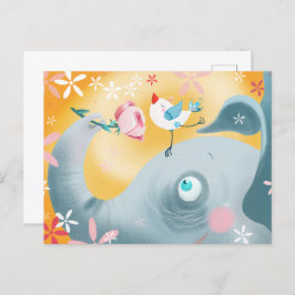 Whimsical Elephant and Bird Vykort
