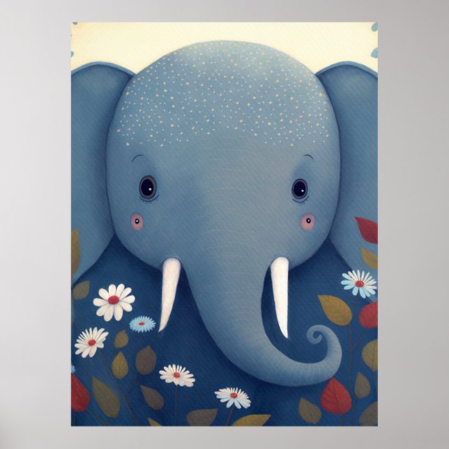 Whimsical Elephant and Flowers Poster (Framsidan)