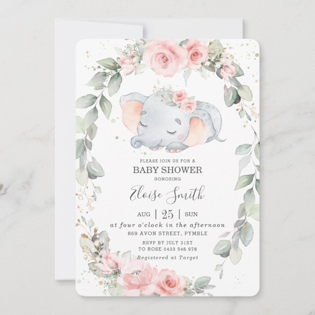 Whimsical Elephant Blommigt Greenery Baby Shower Inbjudningar (Framsida)