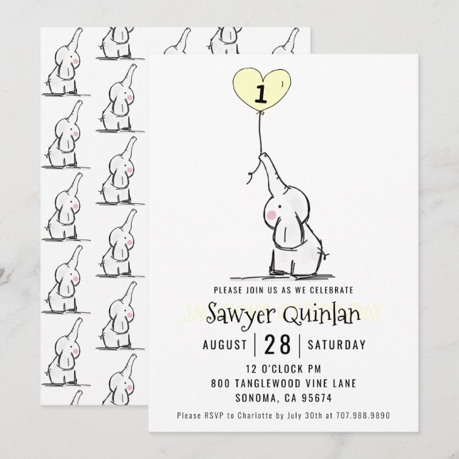 Whimsical Elephant First Birthday-inbjudan Inbjudningar (Fram/baksida)