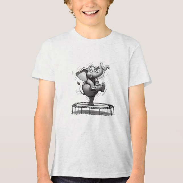 Whimsical Elephant on Trampoline – Cute Playfull T Shirt (Framsida)