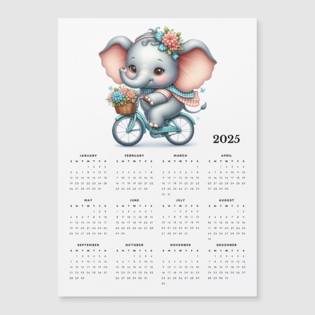 Whimsical Elephant på en Bike 2025 Magnet Calendar (Framsida)