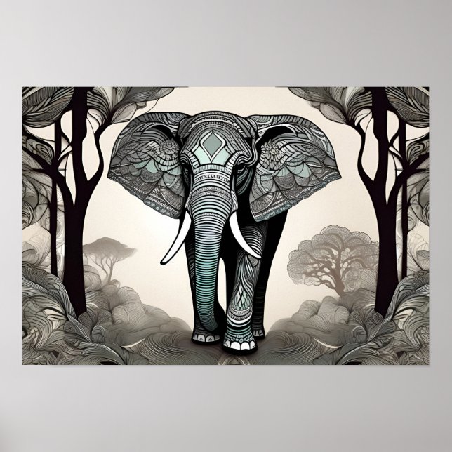Whimsical Elephant Sketch - Black & White med en Poster (Framsidan)