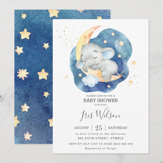 Whimsical Elephant Twinkle Star Baby Shower Boy Inbjudningar (Fram/baksida)