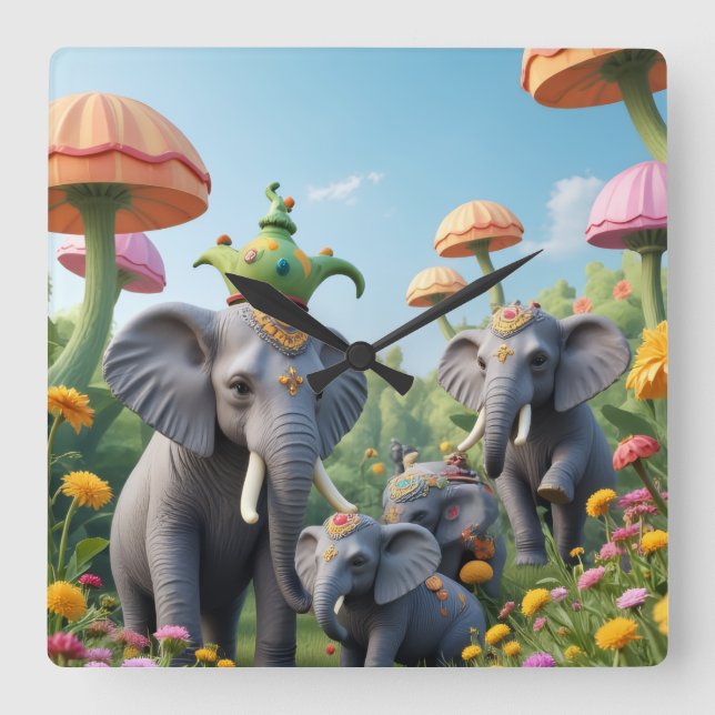 Whimsical Elephants Clock Fyrkantig Klocka (Framsida)