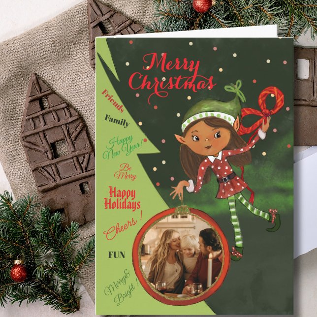 Whimsical Elf Girl Photo Christmas Card | Green Helgkort (Whimsical Elf Girl Photo Christmas Card  Green)