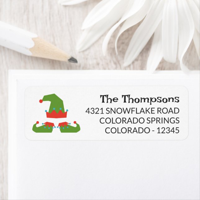 Whimsical Elf Hat & Shoes jul Returadress Etikett (Insitu)