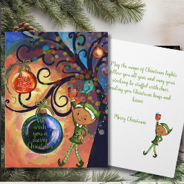 Whimsical Elf Holding Gift & Bird Christmas Card Kort