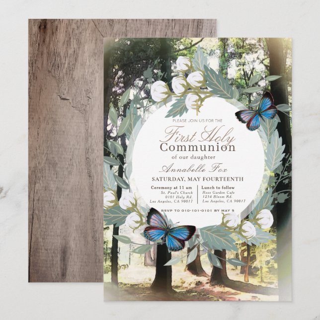 Whimsical Enchanted Forest First Heliga Communion Inbjudningar (Fram/baksida)