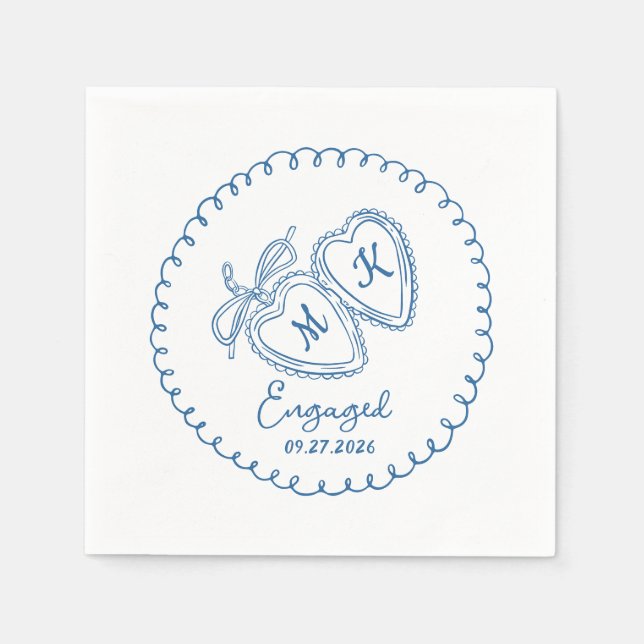 Whimsical Engaged Couple Blue Hearts Trendy Doodle Pappersservett (Framsidan)