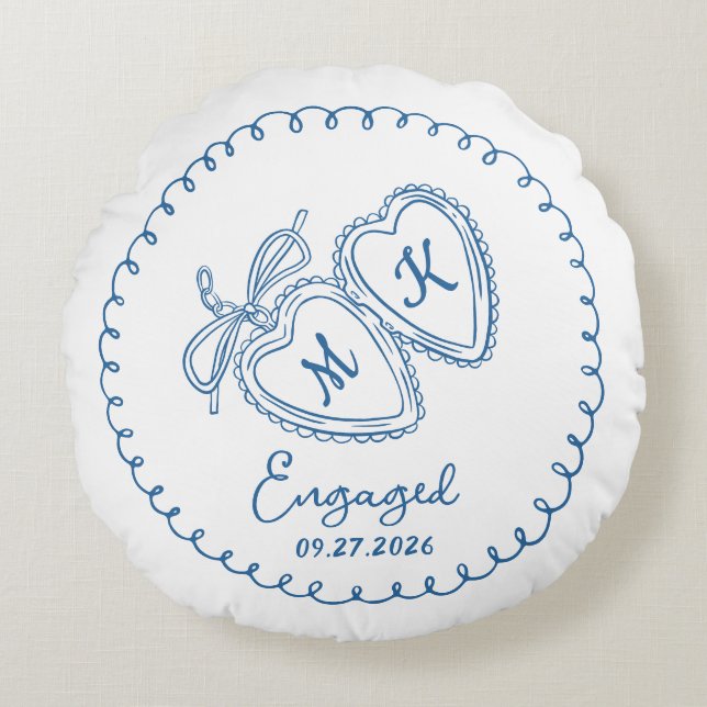 Whimsical Engaged Couple Blue Hearts Trendy Doodle Rund Kudde (Framsidan)