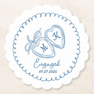 Whimsical Engaged Couple Blue Hearts Trendy Doodle Underlägg Papper