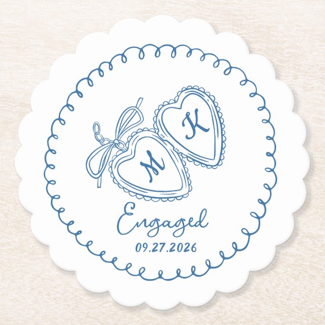 Whimsical Engaged Couple Blue Hearts Trendy Doodle Underlägg Papper (Framsida)