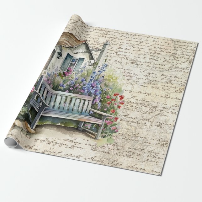 Whimsical English Cottage Blomsterträdgård Old Bre Presentpapper (Utrullad)