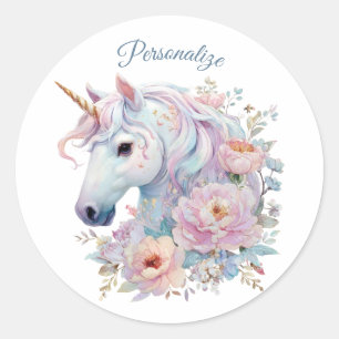 Whimsical Enhörning med Pastell Färgade Blommotiv Runt Klistermärke
