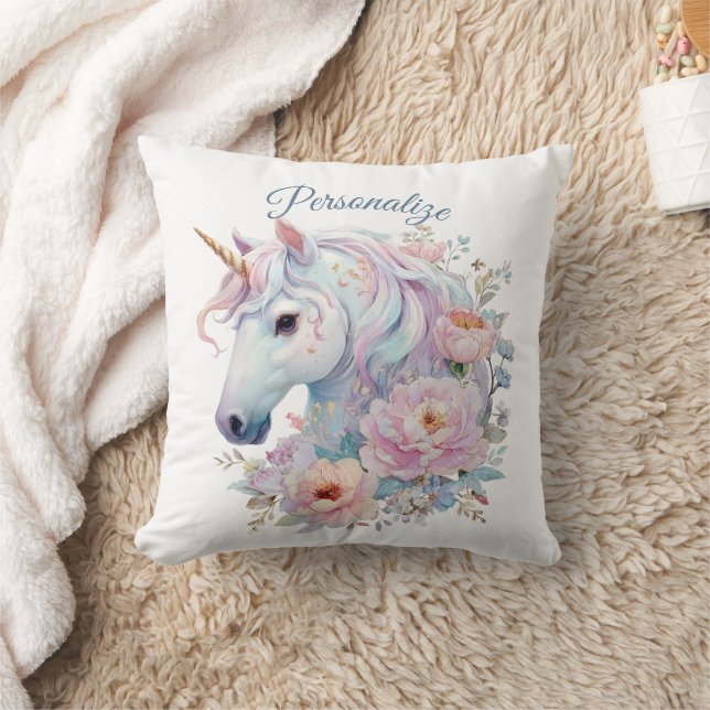 Whimsical Enhörning Pastell Färg Blommig Dekor Kudde (Filt)