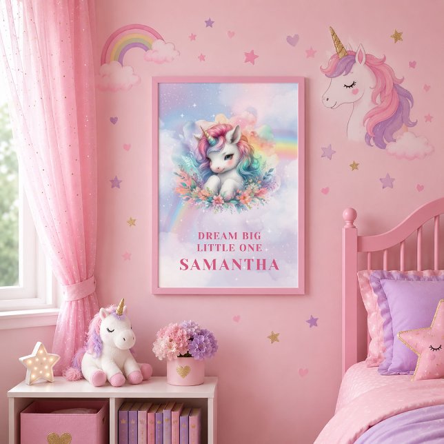 Whimsical Enhörning Regnbåge Flickas Födelsedagsvä Poster (Whimsical Unicorn Rainbow Girl Birthday Wall Poster)