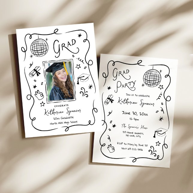 Whimsical Examenfest Foto Doodle Inbjudan (Whimsical Doodle Hand drawn Grad Party Photo Doodle Invitation)