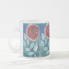Whimsical expressionist röd ros teal blad kaffekop frostad glasmugg