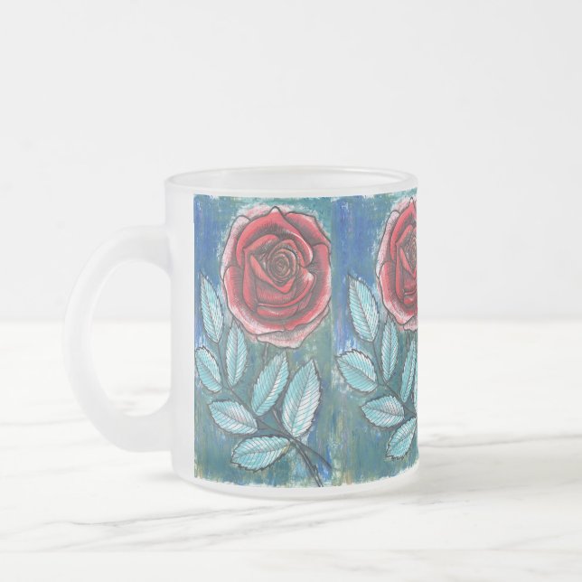 Whimsical expressionist röd ros teal blad kaffekop frostad glasmugg (Vänster)