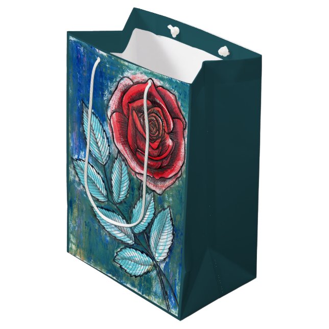 Whimsical expressionist röd ros teal blad present  (Framsidan Vinklad)