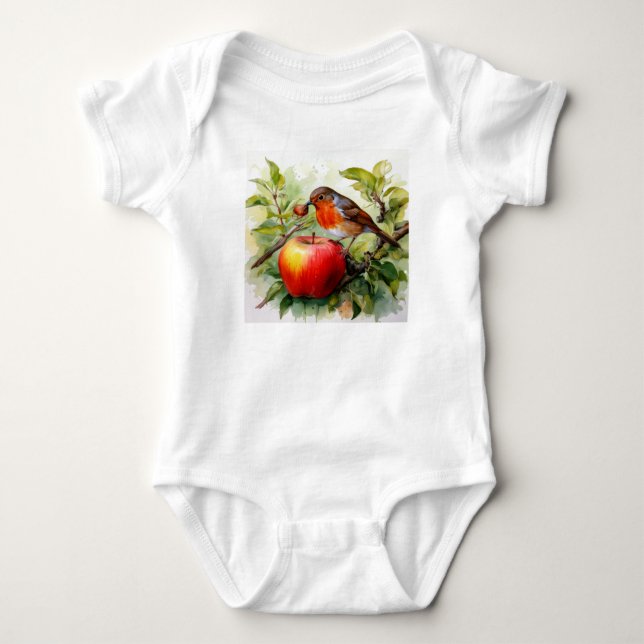 Whimsical Fågel & Äppel Delight T Shirt (Framsida)