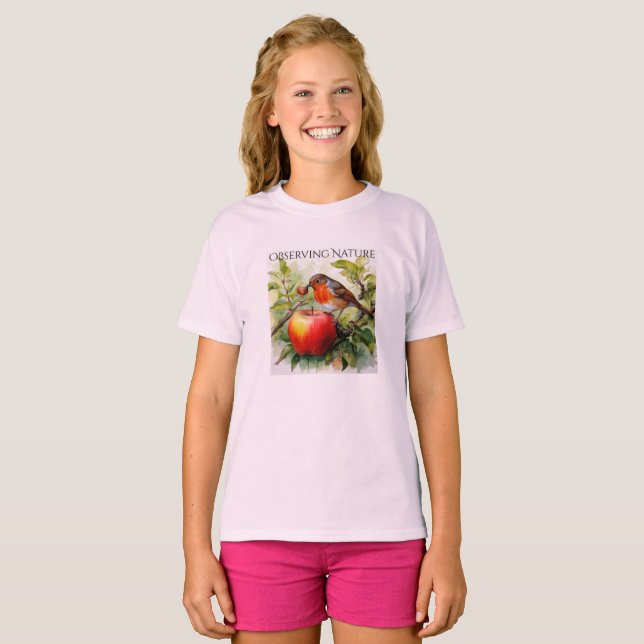 Whimsical Fågel & Äppel Delight T Shirt (Hel framsida)