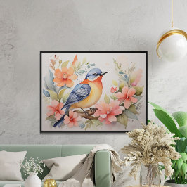 Whimsical Fågel Blommig Konst i Vattenfärg  Poster