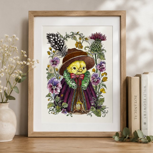 Whimsical Fågel i Viktoriansk Dräkt med Vildblomma Poster (Skapare uppladdad)