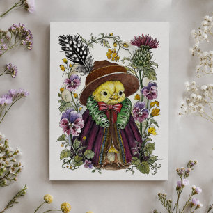 Whimsical Fågel i Viktoriansk Dräkt med Vildblomma Vykort