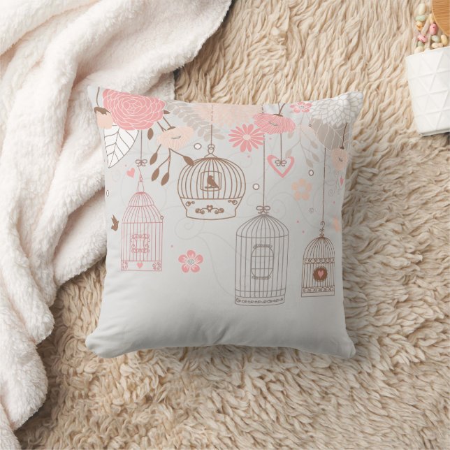 Whimsical Fågelburar & Blommor Kudde (Filt)