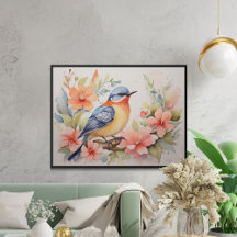 Whimsical Fågelkonst i Vattenfärg med Blommotiv 