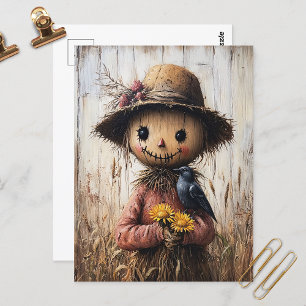 Whimsical Fågelskrämma Holding Sunblommor Vykort