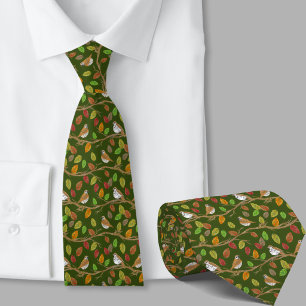 Whimsical Fåglar och Blad Mönster Slips